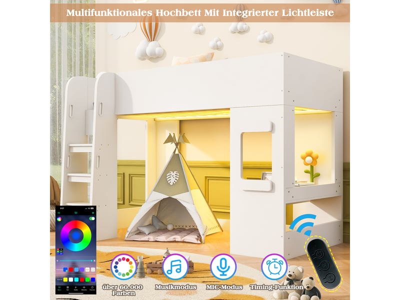  Lit mezzanine simple 90×200 cm avec bureau, led et échelle sécurisée - okmyhome- blanc, sans matelas, mdf  - Conforama E