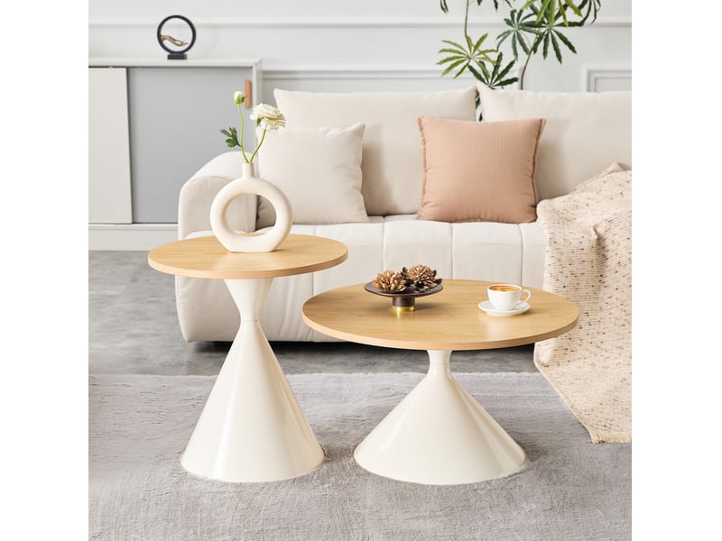  Lot de 2 tables basses gigognes 70x40+50x50 cm, empilables, gain de place, pour salon et chambre, métal, blanc crème  - Conforama D