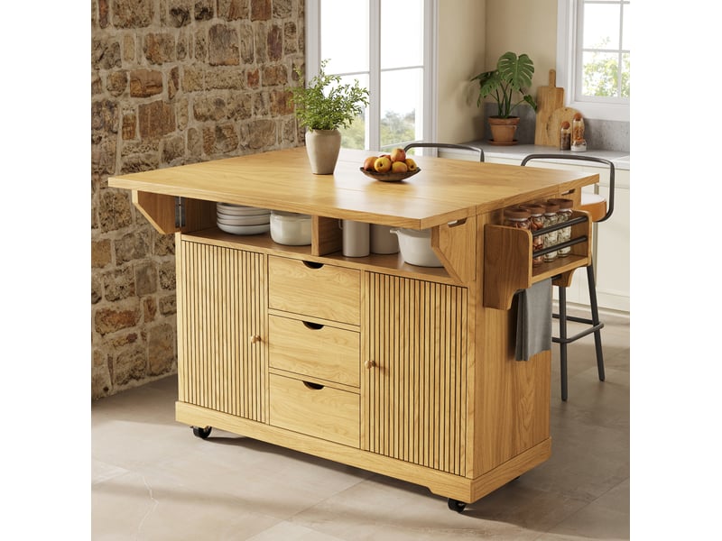  Desserte de cuisine 142,5 x 80 x 95 cm marron naturel mdf, plateaux rabattables et roulettes freinées  - Conforama B