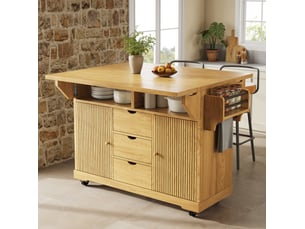Desserte de cuisine 142,5 x 80 x 95 cm marron naturel mdf, plateaux rabattables et roulettes freinées