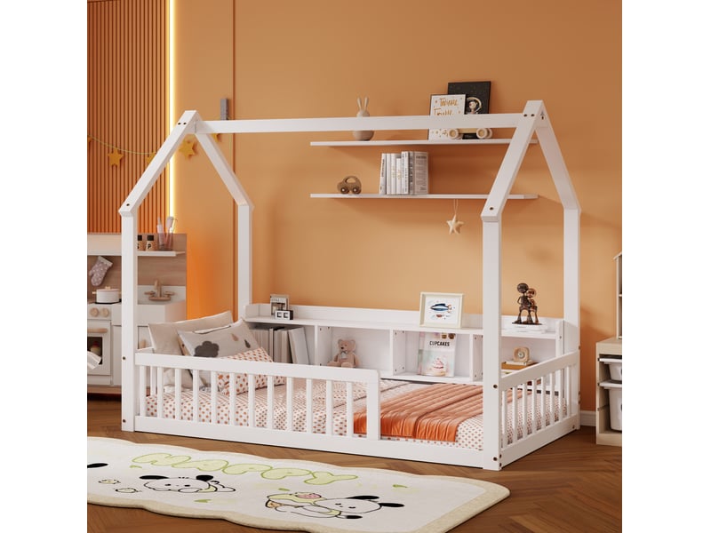  Lit cabane enfant 90x200 cm blanc avec barrières et 4 niches de rangement  - Conforama D