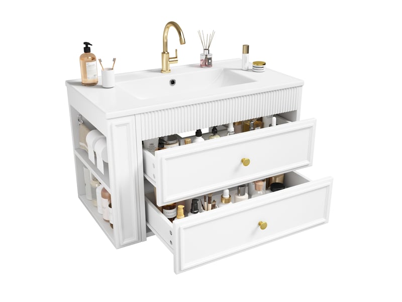  Meuble sous vasque suspendu 81x47x52 cm blanc avec lavabo en céramique  - Conforama A