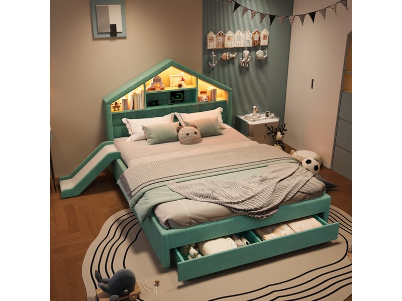  Lit enfant 140 × 200 cm 2 places avec toboggan, led, port de recharge et coffre, sans matelas, velours bleu-vert  - Conforama B