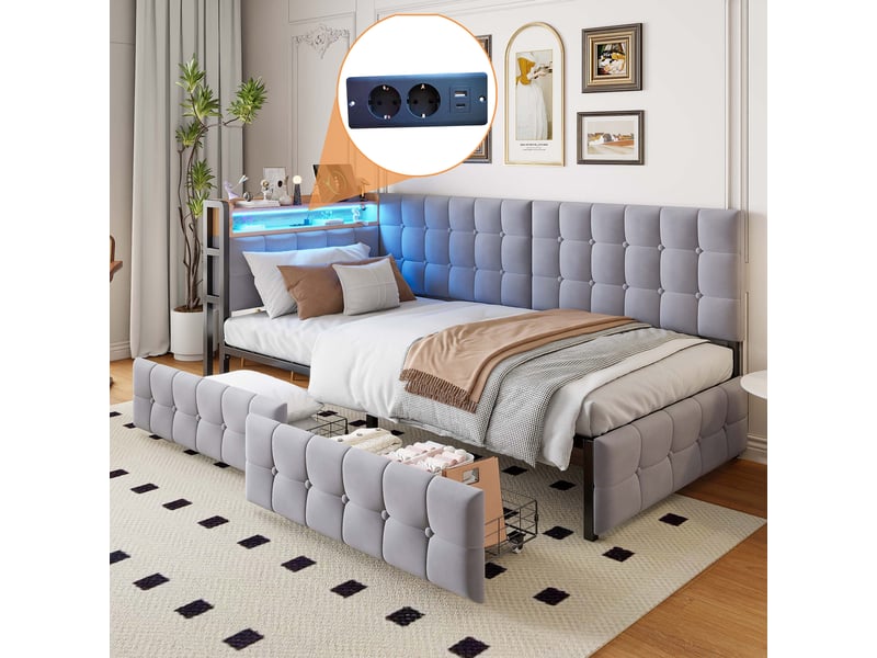  Lit enfant rembourré 90 x 200 cm avec 2 tiroirs, led, usb et usb-c, gris Fay Lum - Conforama B