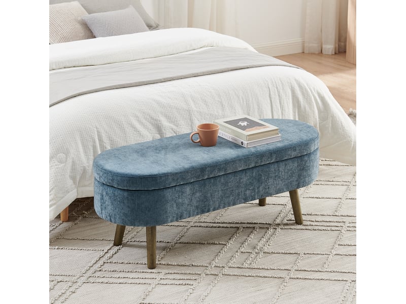  Banc de rangement 110 x 40 x 42 cm bleu, tissu chenille, cadre en bois, coffre 20 l à couvercle relevable  - Conforama B