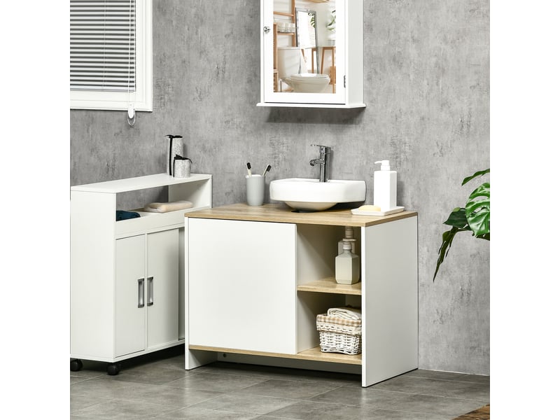  Meuble sous lavabo blanc et bois avec porte et 2 niches, 77 x 45 x 60 cm  - Conforama D