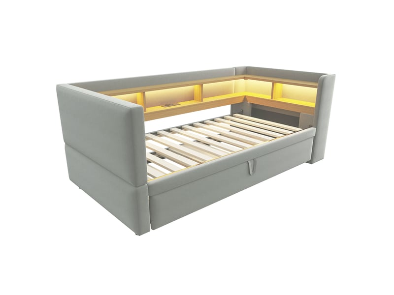 Lit banquette 90180x190 cm – gris clair – gigogne, led, prises et rangements intégrés – sans matelas - Conforama D