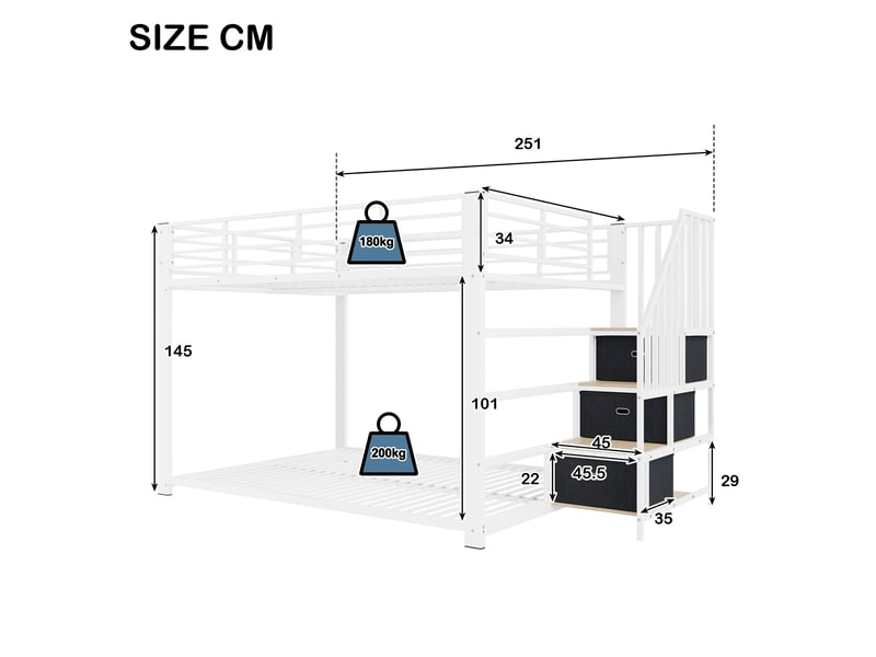 Lit superposé modenvie 140 x 200 cm avec escalier de rangement réversible, led, prises et usb, mdf et métal blanc et noyer  - Conforama C