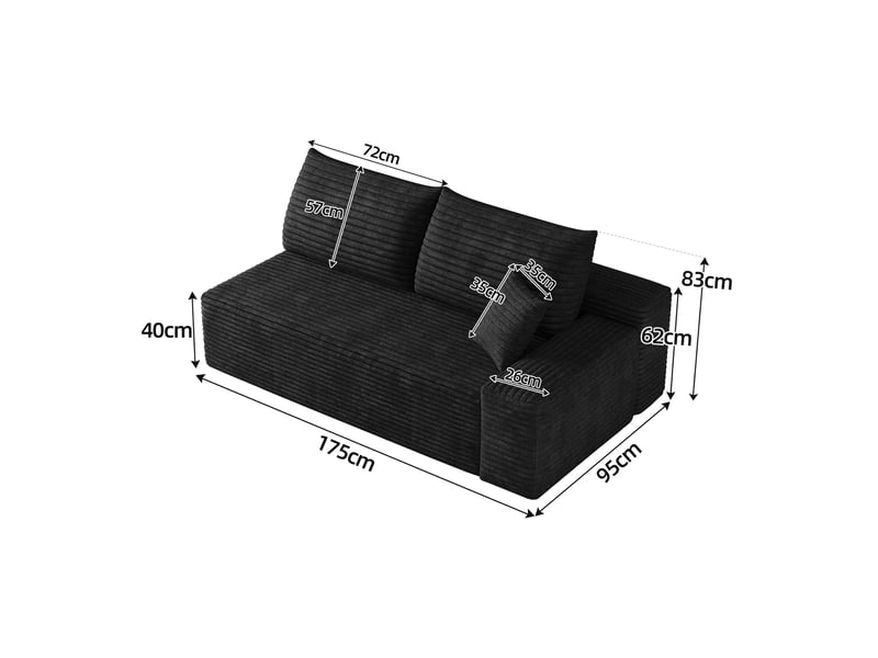 Canapé 2 places noir compact, petit canapé droit moderne confortable pour studio et salon, 175x95x83 cm  - Conforama C