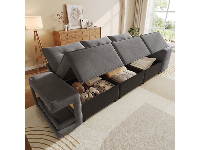 Canapé modulable 3 places 229,5 x 78 x 84 cm, avec rangement sous assise, niches latérales, 2 coussins, tissu velours - gris - Conforama C