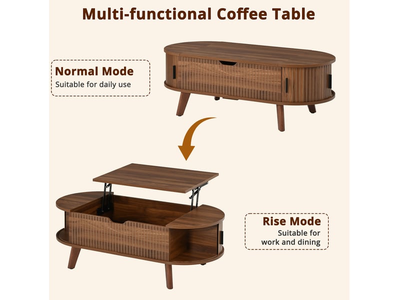  Table basse ovale avec plateau relevable, rangement caché et deux portes coulissantes, décor noyer  - Conforama D