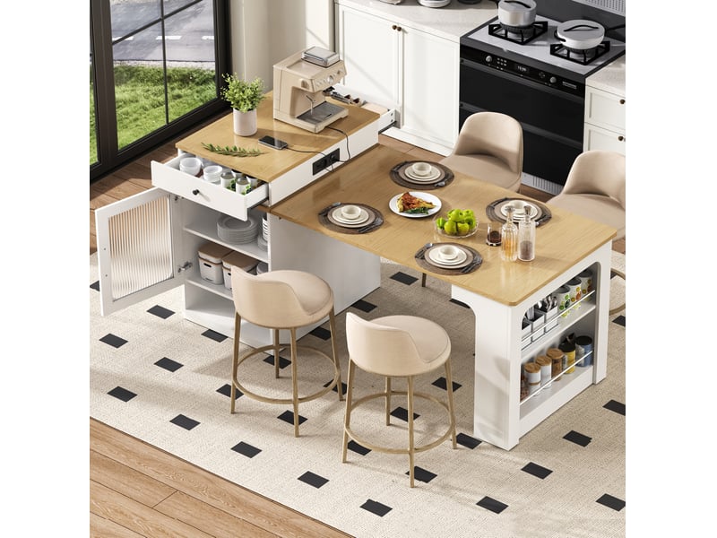  Îlot de cuisine à roulettes avec table extensible et prises, blanc et naturel  - Conforama E