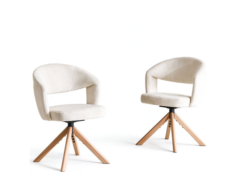 Lot de 2 chaises de salle à manger pivotantes 360°, 58,5x47,5x81,5 cm, dossier incurvé, tissu texturé et bois, blanc crème  - Conforama A