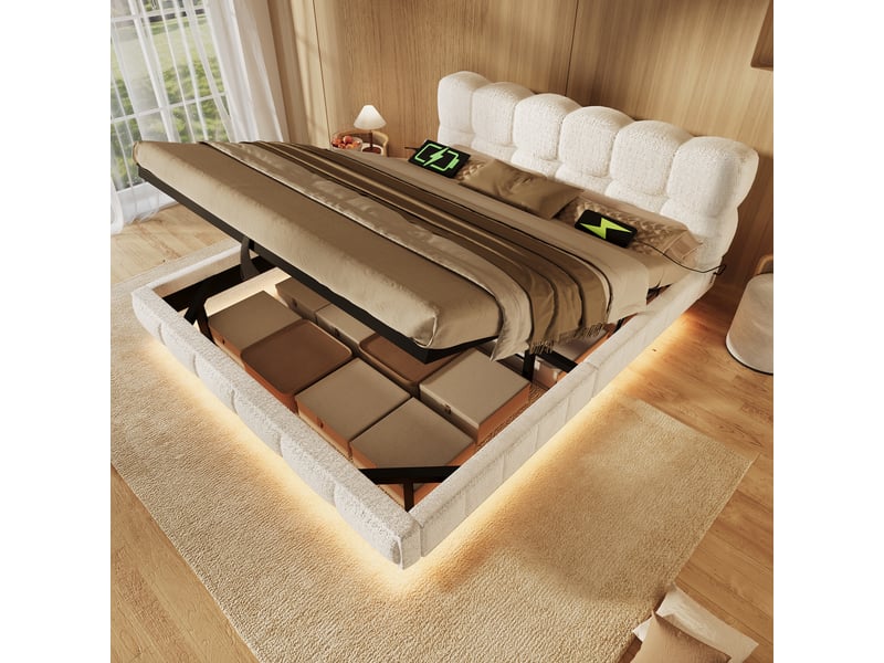  Lit double rembourré 140 x 200 cm effet flottant avec design nuage, coffre hydraulique, led et usb-c, sans matelas, chenille et bois, beige OMNIGLINT TRADING LTD - Conforama B