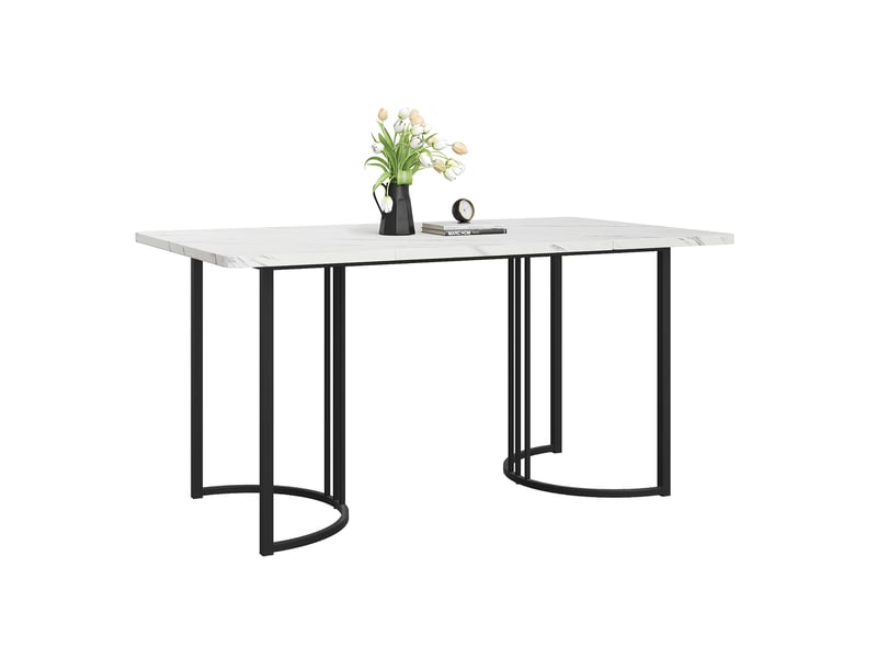  Table de salle à manger rectangulaire avec pieds réglables, motif marbre, en mdf et métal, blanche, 140 × 80 × 75 cm  - Conforama A