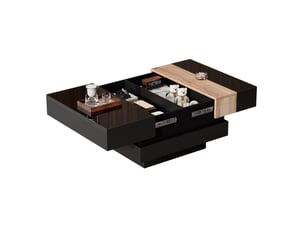 Table basse carrée 70x70x39 cm avec plateau extensible et rangement dissimulé, finition mdf, noir