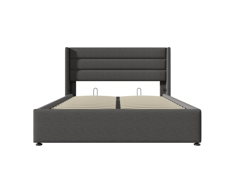  Lit double 160x200 cm avec matelas - cadre métallique, sommier à lattes bois, revêtement en tissu lin gris  - Conforama A