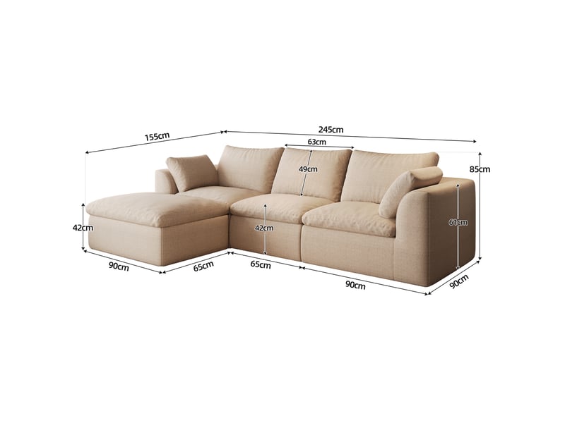  Canapé d'angle 4 places 245 x 155 cm kaki, tissu en lin et mousse haute élasticité, assise souple  - Conforama E