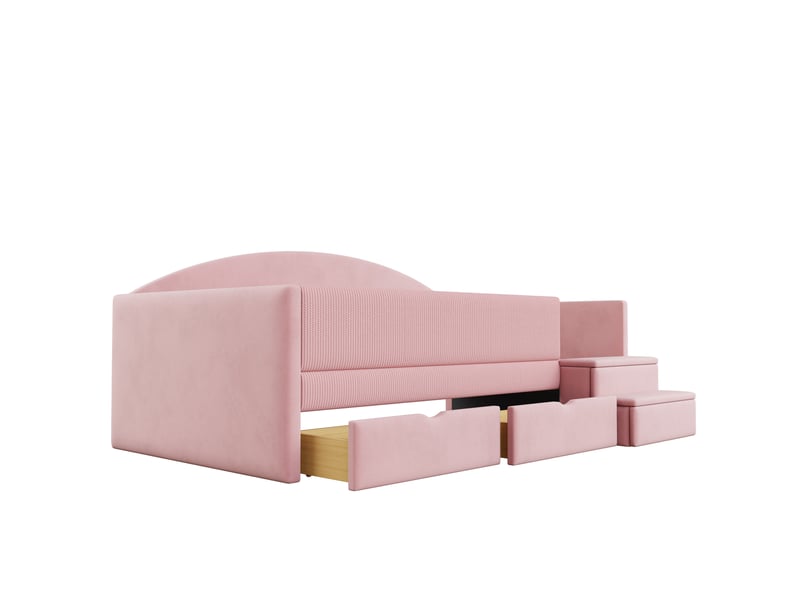  Lit enfant 90x190 cm rose en velours avec 2 tiroirs, marches antidérapantes et barrière rembourrée  - Conforama D
