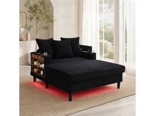 Méridienne multifonctionnelle 129x170x70 cm avec porte-gobelets, led, rangement, port usb, tissu côtelé noir