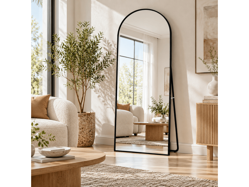  Miroir complet arqué 180 x 80 cm, miroir de sol avec support, miroir sur pied our chambre à coucher, salle de bain, entrée, couloir, noir  - Conforama B