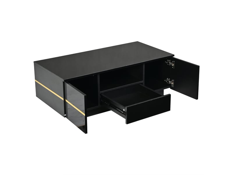 Table basse moderne avec éclairage led, rangement semi-ouvert et 2 portes, charge jusqu’à 30 kg, noir et accents dorés, 100x50x35.5 cm - Conforama A