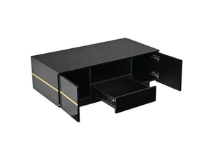 Table basse moderne avec éclairage led, rangement semi-ouvert et 2 portes, charge jusqu’à 30 kg, noir et accents dorés, 100x50x35.5 cm