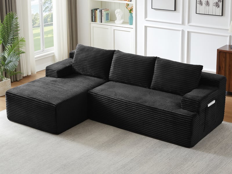  Canapé d’angle 4 places noir en velours côtelé, style nuage avec méridienne droite, modulable et convertible  - Conforama B