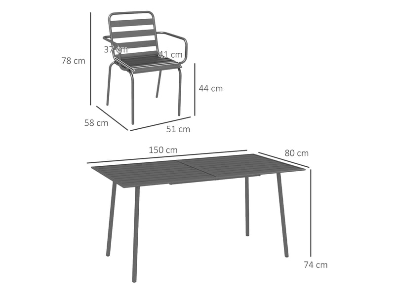 Salon de jardin ensemble salle à manger de jardin 7 pièces avec 1 table et 6 chaises empilables en acier gris foncé - Conforama E