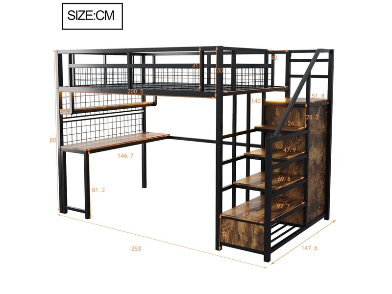  Lit mezzanine 140x200 cm avec bureau, rangements et éclairage noir  - Conforama C
