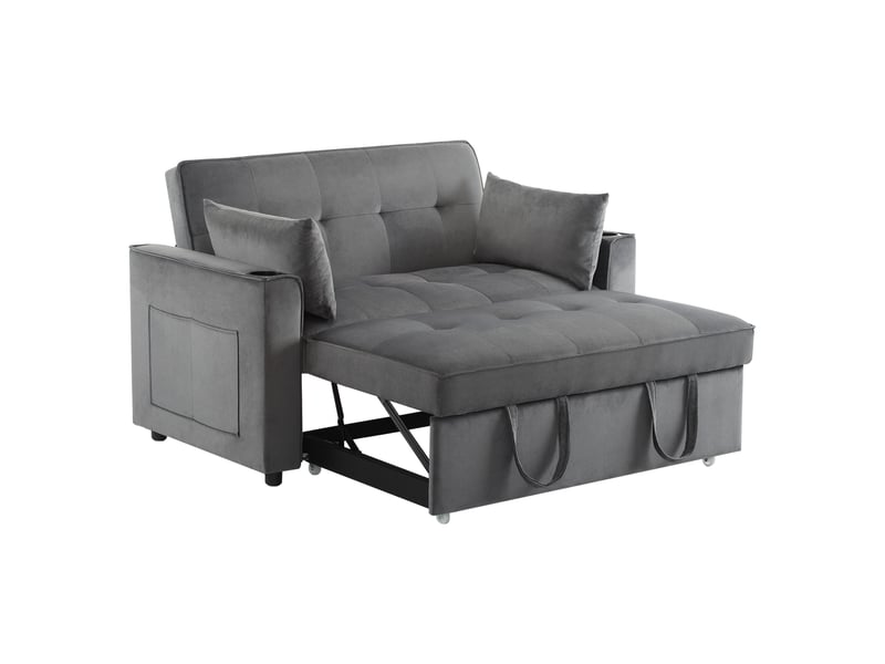 Canapé convertible 2 places en velours avec fonction lit, dossier inclinable 3 positions, porte-gobelets, poches de rangement et coussins inclus - gris - Conforama A
