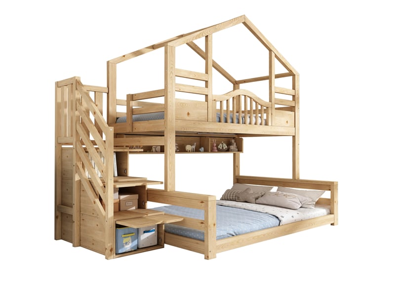  Lit superposé enfant 90x200 et 140x200 cm avec escalier-rangement, naturel  - Conforama A