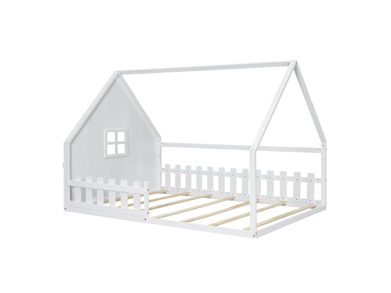  Lit enfant blanc 140x200 cm style maison, pin, garde-corps et cadre décoratif  - Conforama E