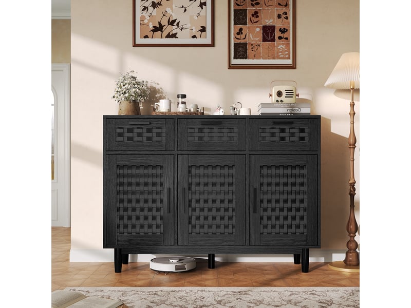  Buffet de rangement avec 3 tiroirs et 3 portes - 107.9x40x80cm - meuble bahut style rotin synthétique - noir aspect bois texturé  - Conforama B