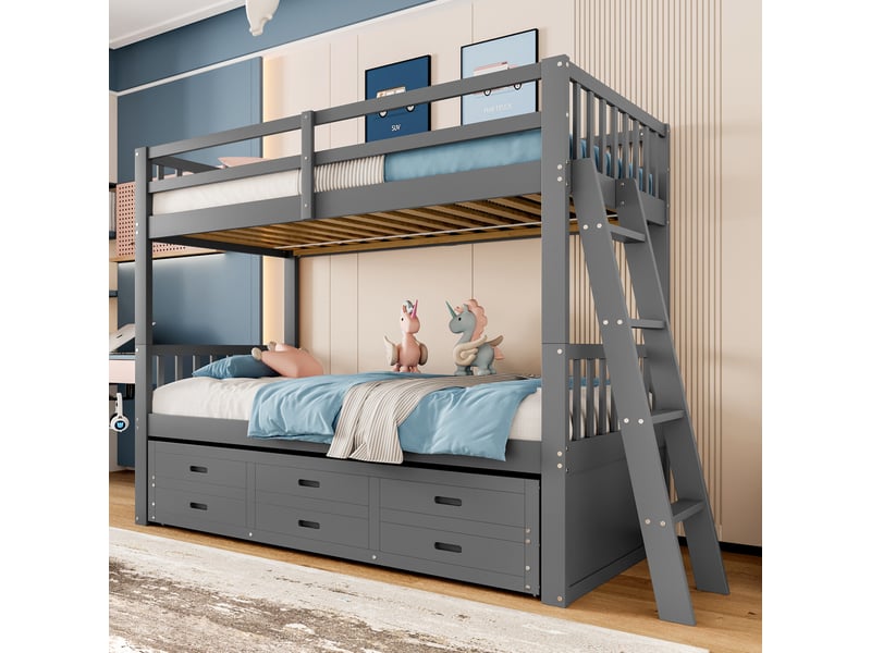  Lit superposé enfant 90x200 cm avec lit gigogne, 3 tiroirs, gris, sans matelas  - Conforama E