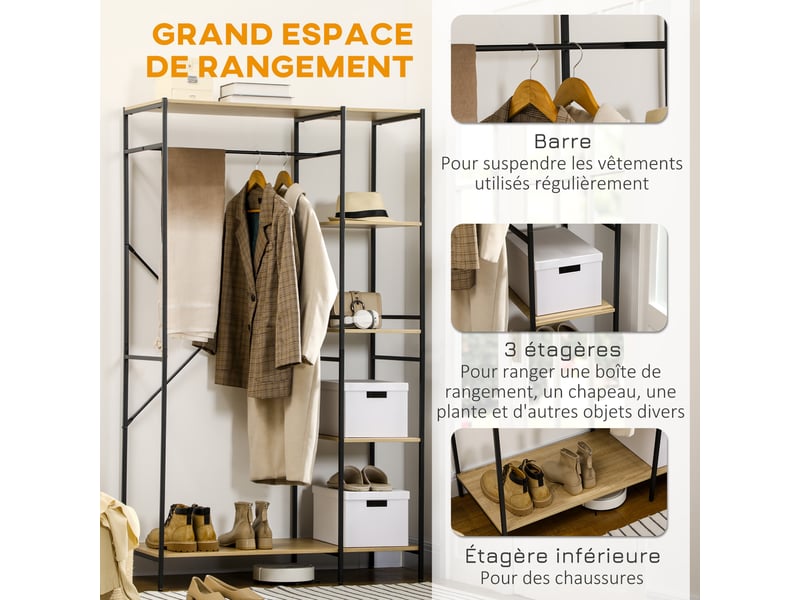  Penderie portant à vêtements style industriel en métal avec tringle et 4 étagères - dim. 100l x 46l x 170,5h cm  - Conforama E