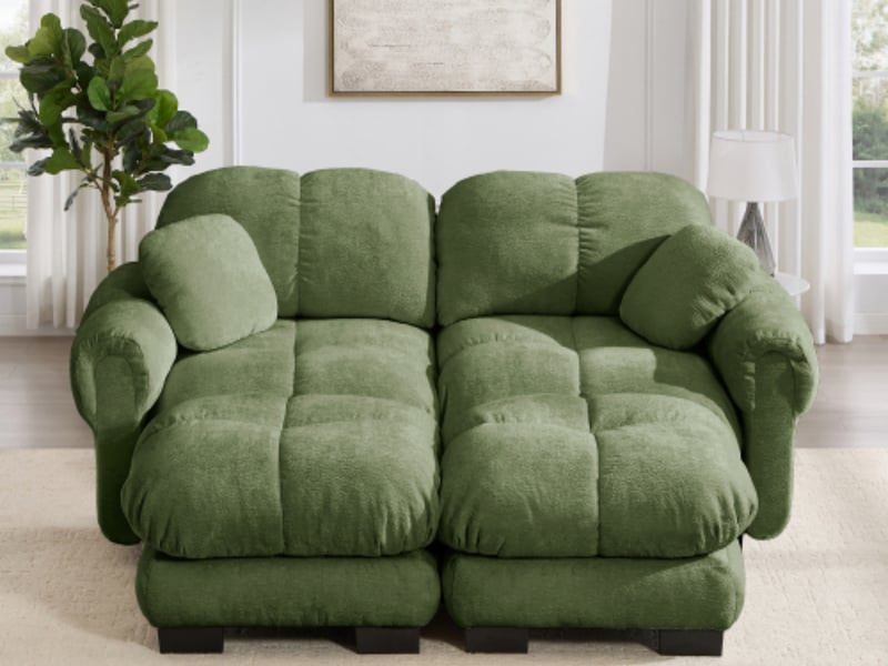 Canapé modulable en u 2 places, avec 2 poufs mobiles, 190 x 149 x 90 cm, chenille vert  - Conforama B