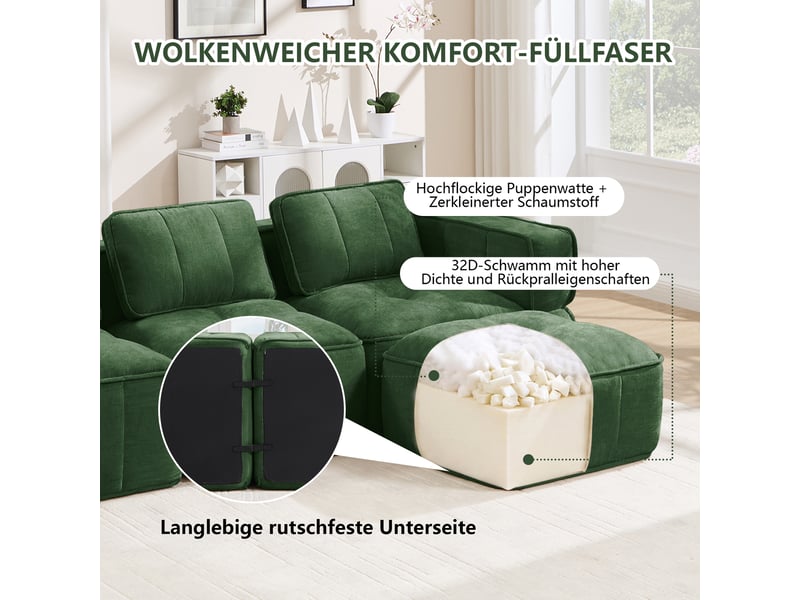  Canapé modulable d’angle en l 2 places en polyester vert, 198 x 162 x 67 cm, sans montage, mousse haute densité 32d, assise profonde, avec pouf Luxe haut de gamme - Conforama E