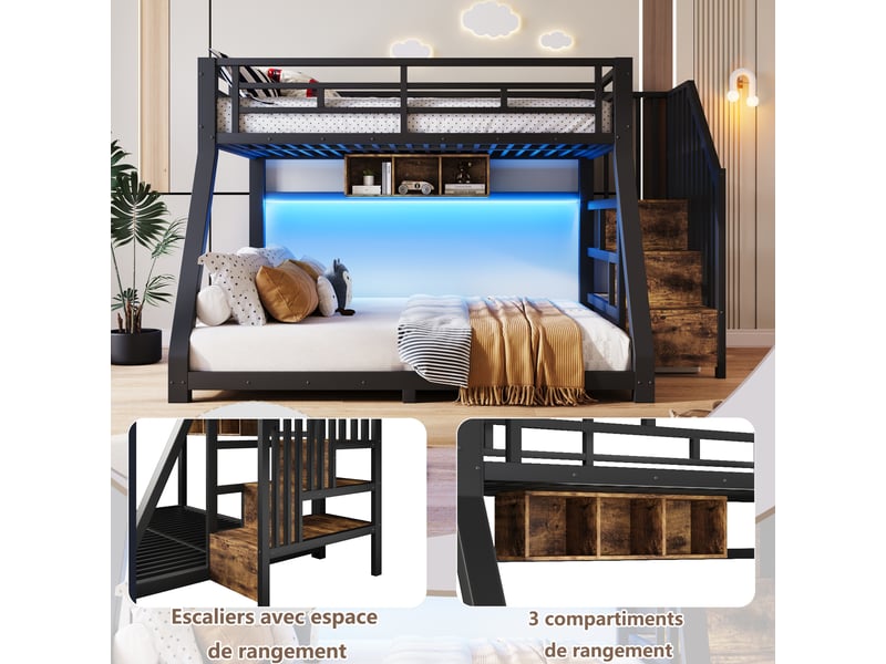  Lit superposé enfant 90x200140x200 cm avec escalier de rangement, led et barrières, cadre métal noir, en 747  - Conforama B