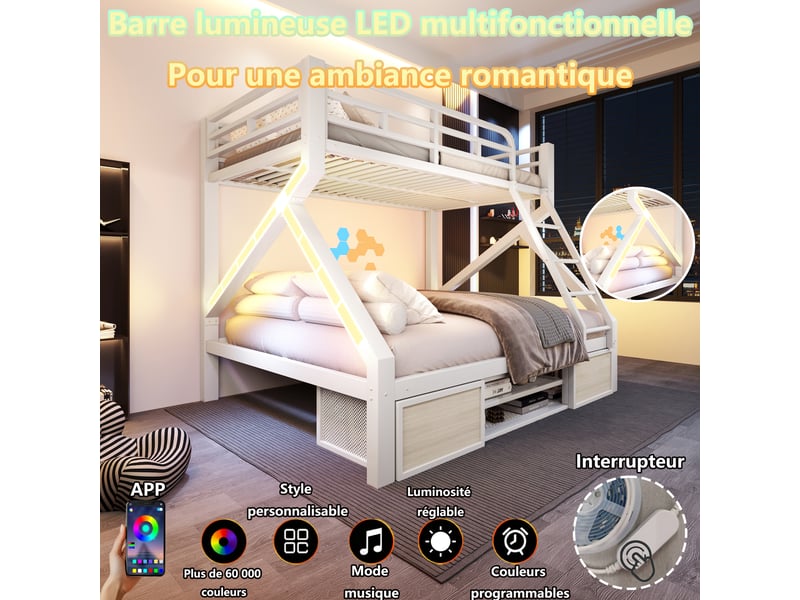  Lit superposé 90x200 et 140x200 cm, rangement à chaussures et 2 niches, led, échelle et barrières, métal et mdf, blanc OMNIGLINT TRADING LTD - Conforama E