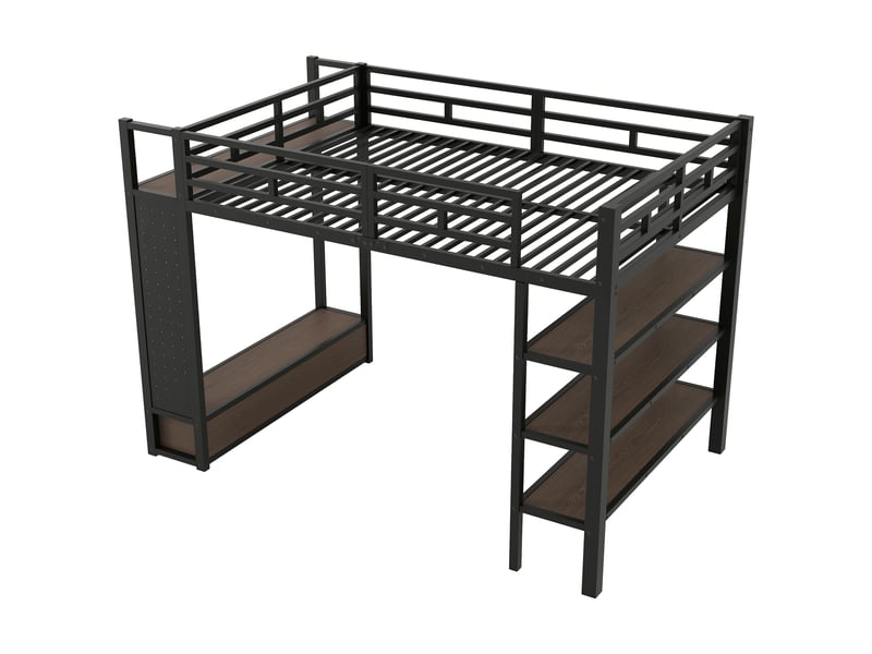  Cadre de lit mezzanine 140x200 avec penderie ouverte, lit mezzanine en métal avec compartiments de rangement, panneau perforé et éclairage led, noir.  - Conforama E