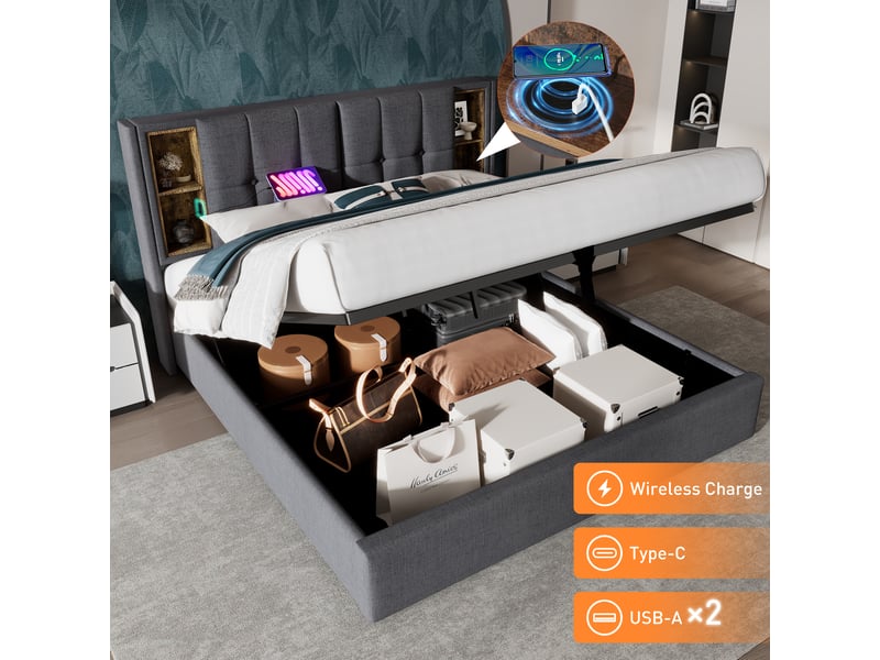  Lit 2 personnes 160x200 cm avec port usb-c, cadre de lit adulte avec tête de lit et matelas, gris, lit double  - Conforama C