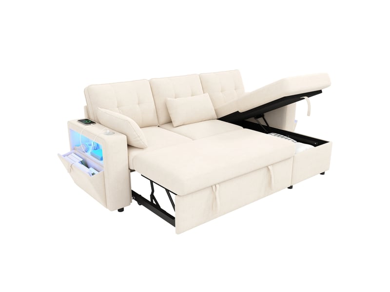  Canapé d'angle convertible 3 places 213x131x83 cm avec coffre, led, usb et rangement, couleur beige, moderne  - Conforama A