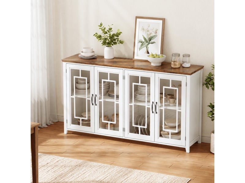 Buffet de cuisine 160 cm avec portes vitrées, rangement spacieux et plateau aspect bois, blanc et marron - Conforama B