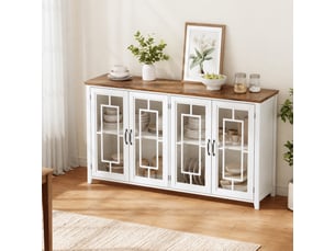 Buffet de cuisine 160 cm avec portes vitrées, rangement spacieux et plateau aspect bois, blanc et marron