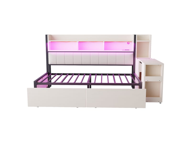  Canapé-lit 90x200 cm avec prise et éclairage led, lit simple avec grand tiroir et bureau coulissant, lit 1 personne, blanc  - Conforama B