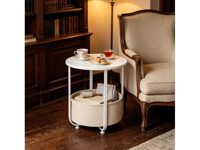  Table d'appoint ronde 45x45x50 cm avec panier métal blanc  - Conforama D