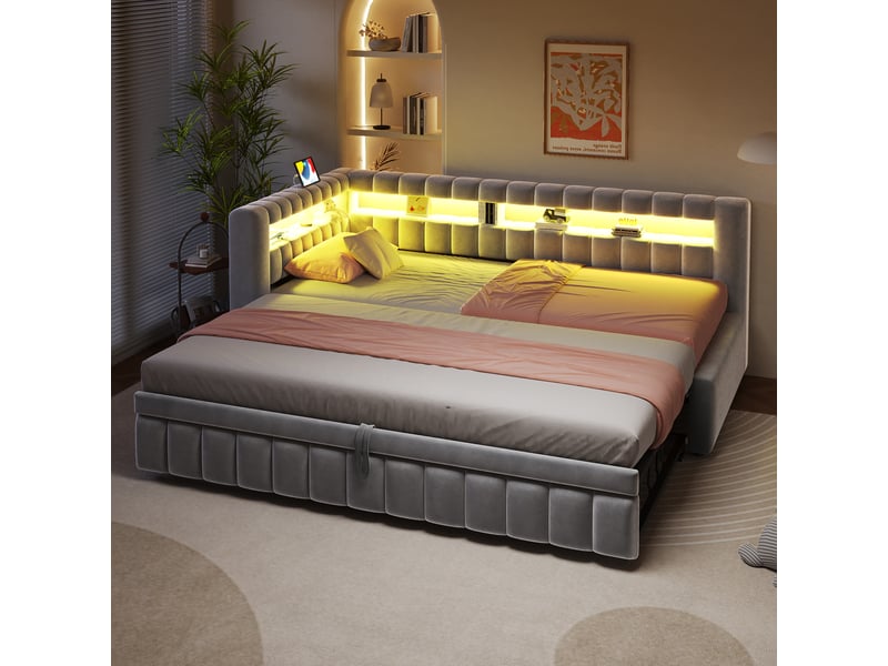  Lit capitonné, lit enfant 90x200 cm, canapé-lit extensible, led, usb, velours gris clair, réf. 422aag  - Conforama W