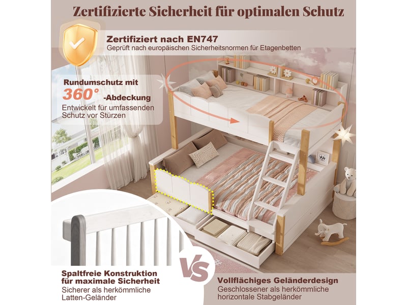  Lit superposé familial enfant 90x200+140x200 cm en bois blanc chêne, avec échelle inclinée, 2 tiroirs, étagères et barrière anti-chute Morn Vibe - Conforama E