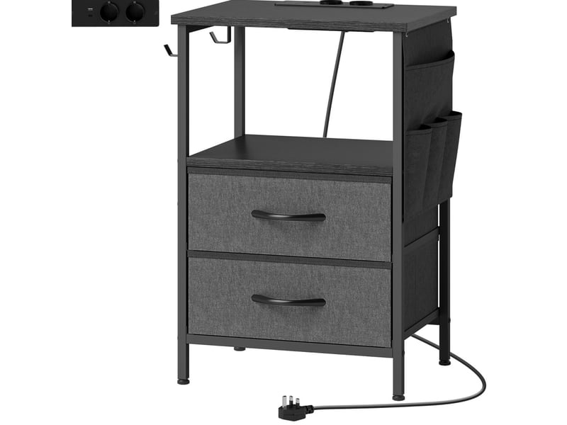 Table d'appoint étroite avec 2 tiroirs, 2 prises et ports usb-a et usb-c pour chambre, acier noir 40 × 30 × 60 cm - Conforama A